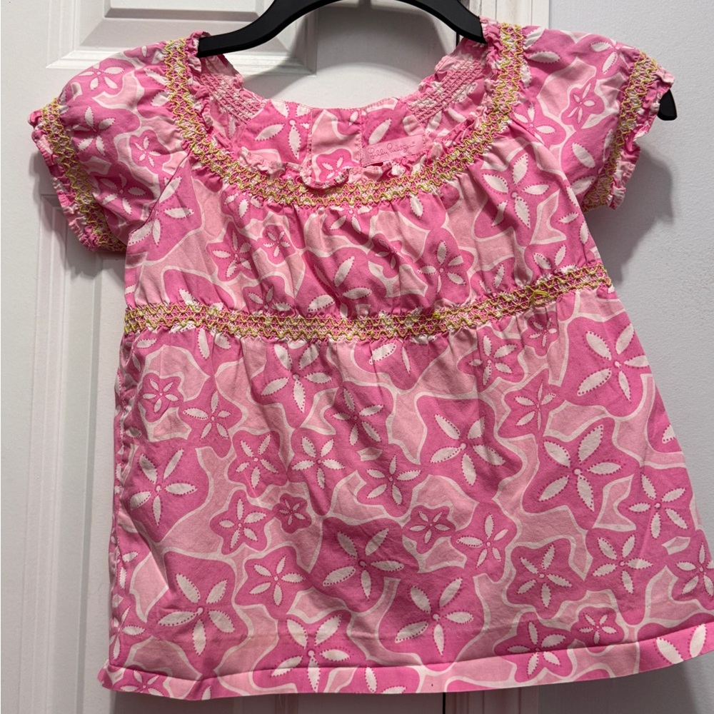 Lilly Pulitzer Pink Blouse with Puff Sleeves and Ruched Neckline
